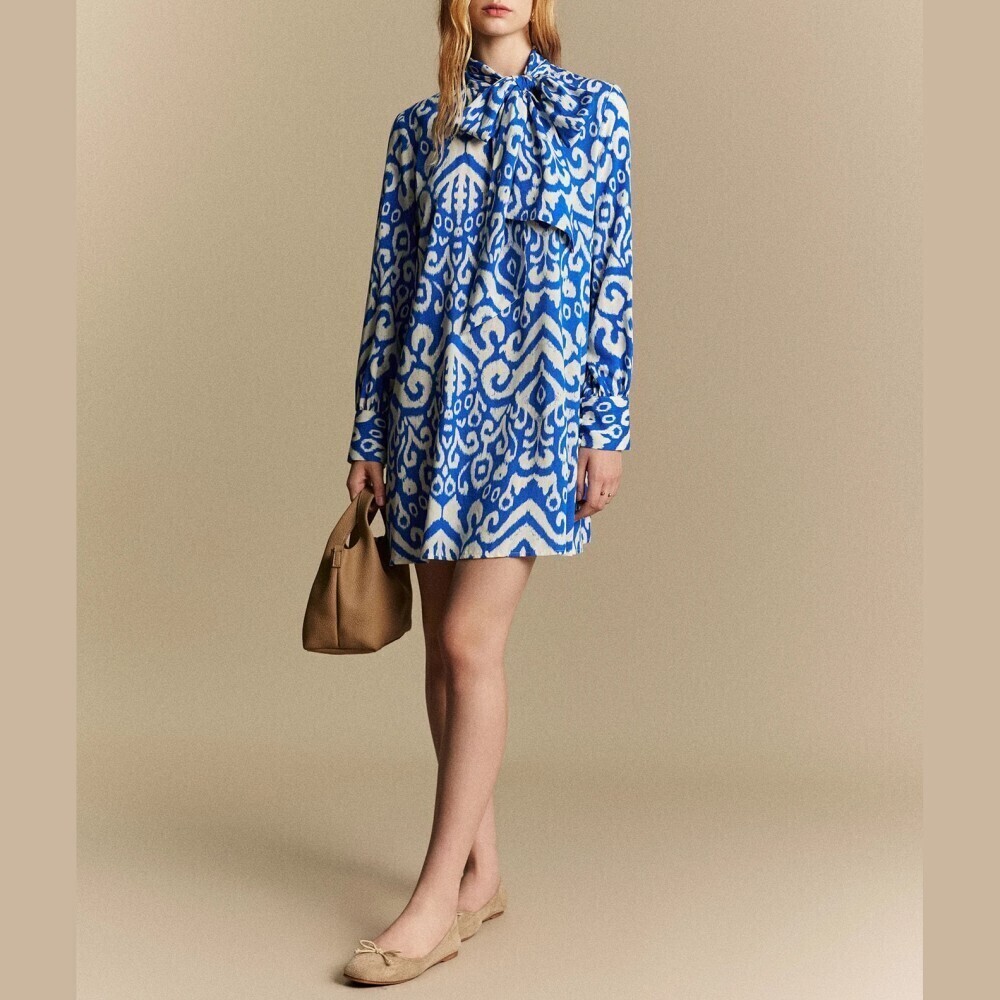 Cobalt Blue Ikat Print Tie Neck Long Sleeve Mini Shift Dress